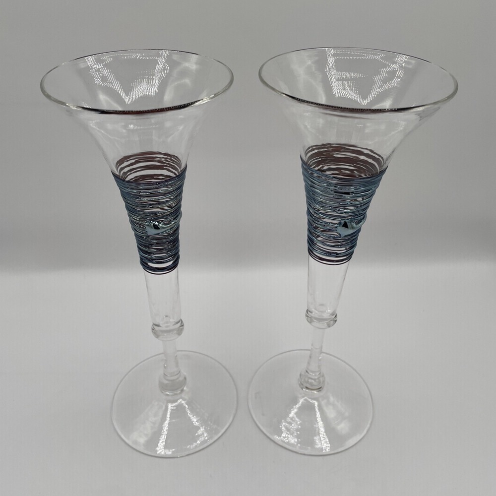 Set of 2 Romeo Glass Rainbowspun 8oz Flute Glasses 10.5"x2" Etched Signature